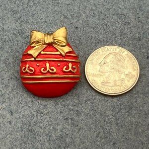 Christmas Pin Brooch Ornament Red Gold Bow Resin Retro Round